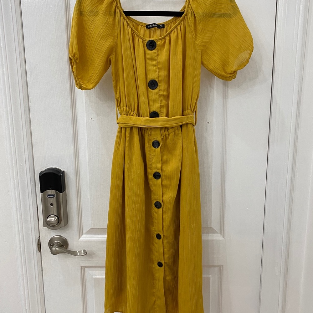 Zara Mustard Midi Dress with Tie Belt